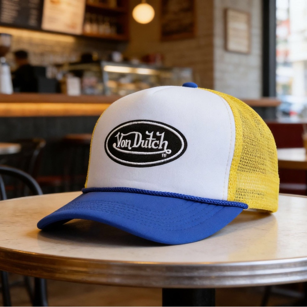 Von Dutch White Blue Yellow Mesh Trucker Hat